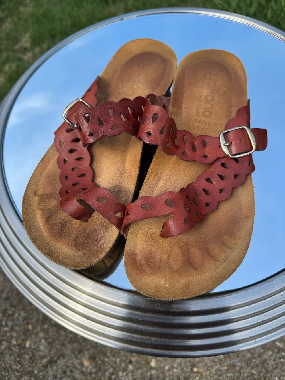 Red Leather Scalloped Strap Sandals